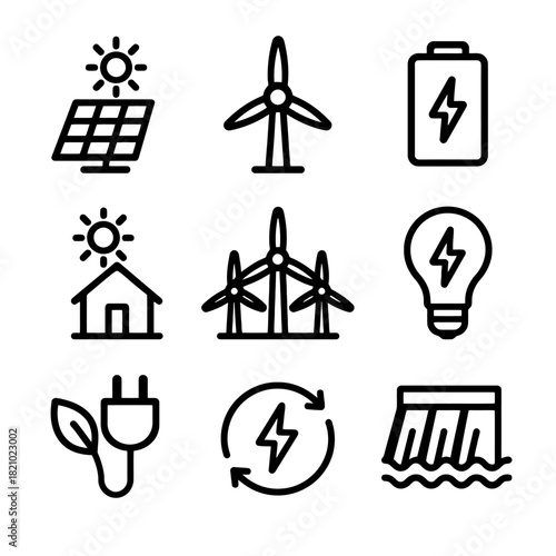 Renewable energy icons: solar panels, wind turbines, battery, light bulb, plug, water