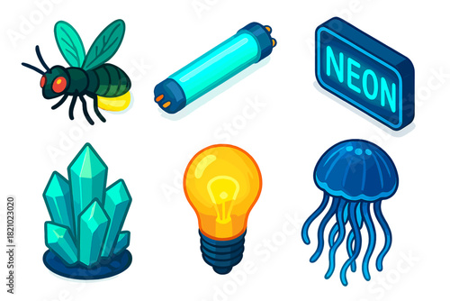 Vibrant Luminescent Icons. Isometric vector illustration set Luminescence Phenomena: glowing firefly, fluorescent tube, neon sign,