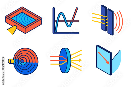 Wave Theory Diagrams. Isometric vector illustration set Wave Theories of Light: ripple tank diagram, sinusoidal wave graph,