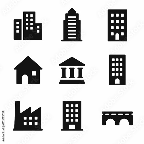 Set of vector icons: urban buildings, houses, and bridge silhouettes