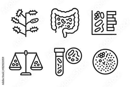 Microbial Diversity Icons. Line style icons of Microbial Diversity: bacterial family tree, gut flora spectrum, species richness