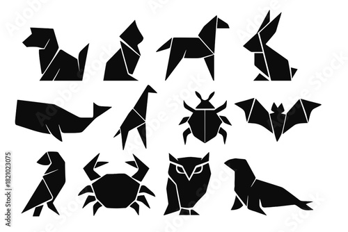 Origami Animal Icons. Solid style icons of Origami animals and figures: dog, cat, horse, rabbit, whale, giraffe, beetle, bat,