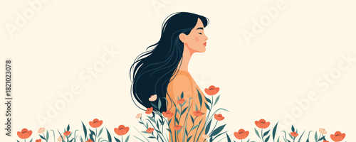 A woman in profile with long hair surrounded by flowers. International Women's Day, March 8. Vector illustration space for text. Feminism, freedom. Movement for gender equality, women's empowerment