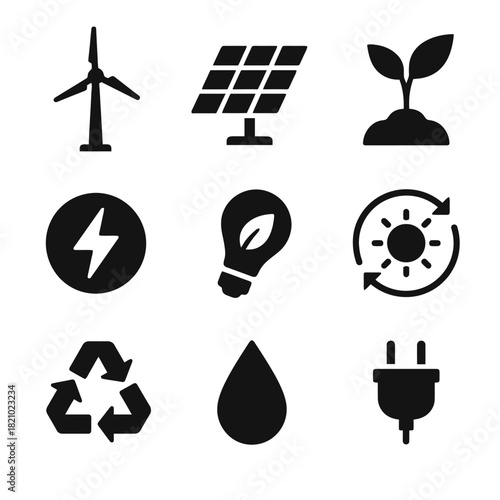 Sustainable energy icons: wind, solar, growth, solar panel, recycling, water, power, energy