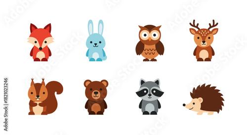Cartoon forest animals collection fox rabbit owl deer squirrel bear raccoon hedgehog