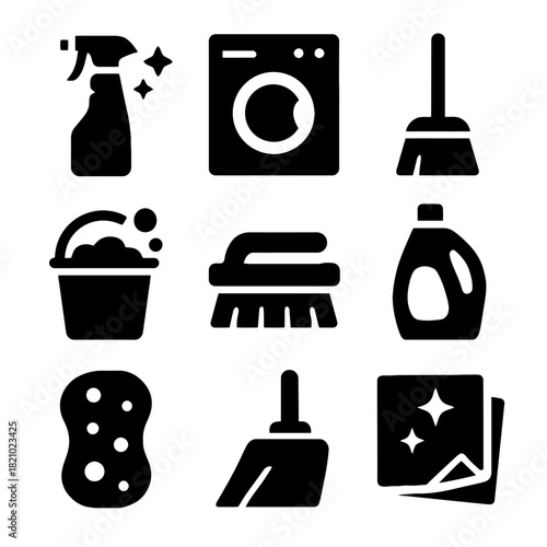 Cleaning supplies icons: spray bottle, washing machine, mop, bucket, brush, detergent, sponge