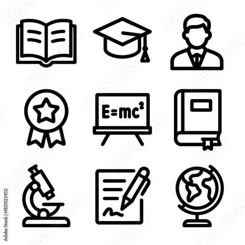 Education icons set featuring book, graduation cap, teacher, microscope, globe, and blackboard