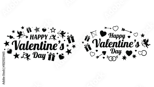 Happy valentine's day decorative oval designs with romantic symbols and gifts