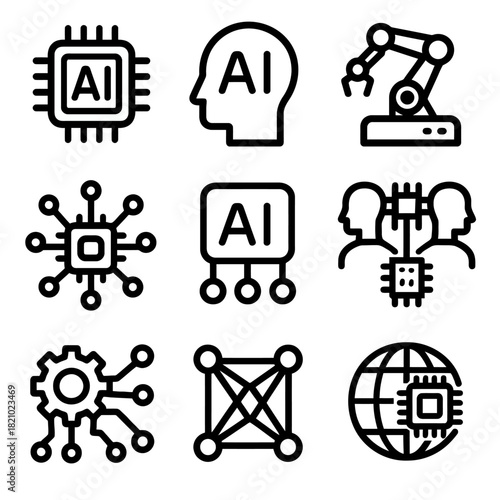 Artificial intelligence icons: technology, robotics, and neural networks
