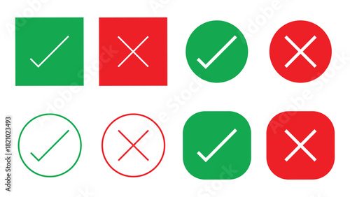 Yes and OK Check Mark Icon Design with Red green Box, Cross Button doodle Design with isolated on a white background, Check Mark And Cancel Sign, 