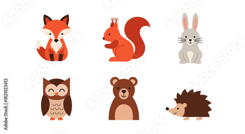 Cartoon forest animals illustration fox squirrel rabbit owl bear and hedgehog