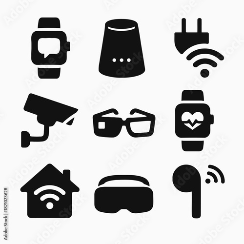 Smart technology icons: wearables, smart home devices, and surveillance symbols