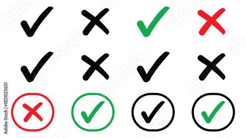 Black Green and Red Check Mark and Cross Icon Sign and Symbol, Check List Button Vector Art Element, Yes Doodle and No Sign, 
