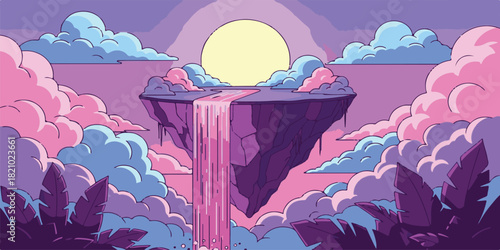 A vector illustration of nature featuring pink flowers in a vase and blue flowers in a basket against a summer landscape with sea, sky, and clouds