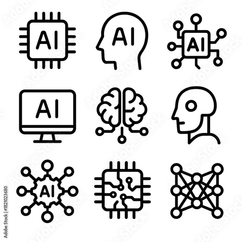 Ai technology icons: neural networks, microchips, human brain integration, computer interfaces
