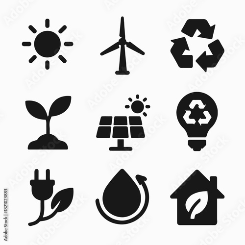 Eco-friendly icons: renewable energy, sustainability, and environmental conservation
