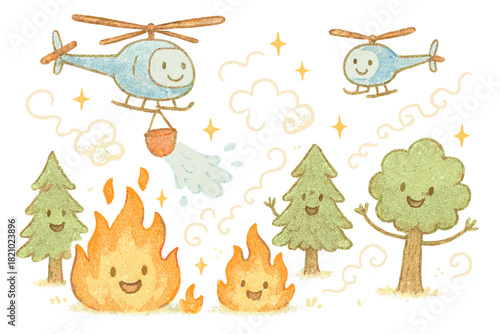 Whimsical Wildfire Scene. Magical doodle wildfire assessment with smiling helicopters, cartoon fire zones with faces, cheerful