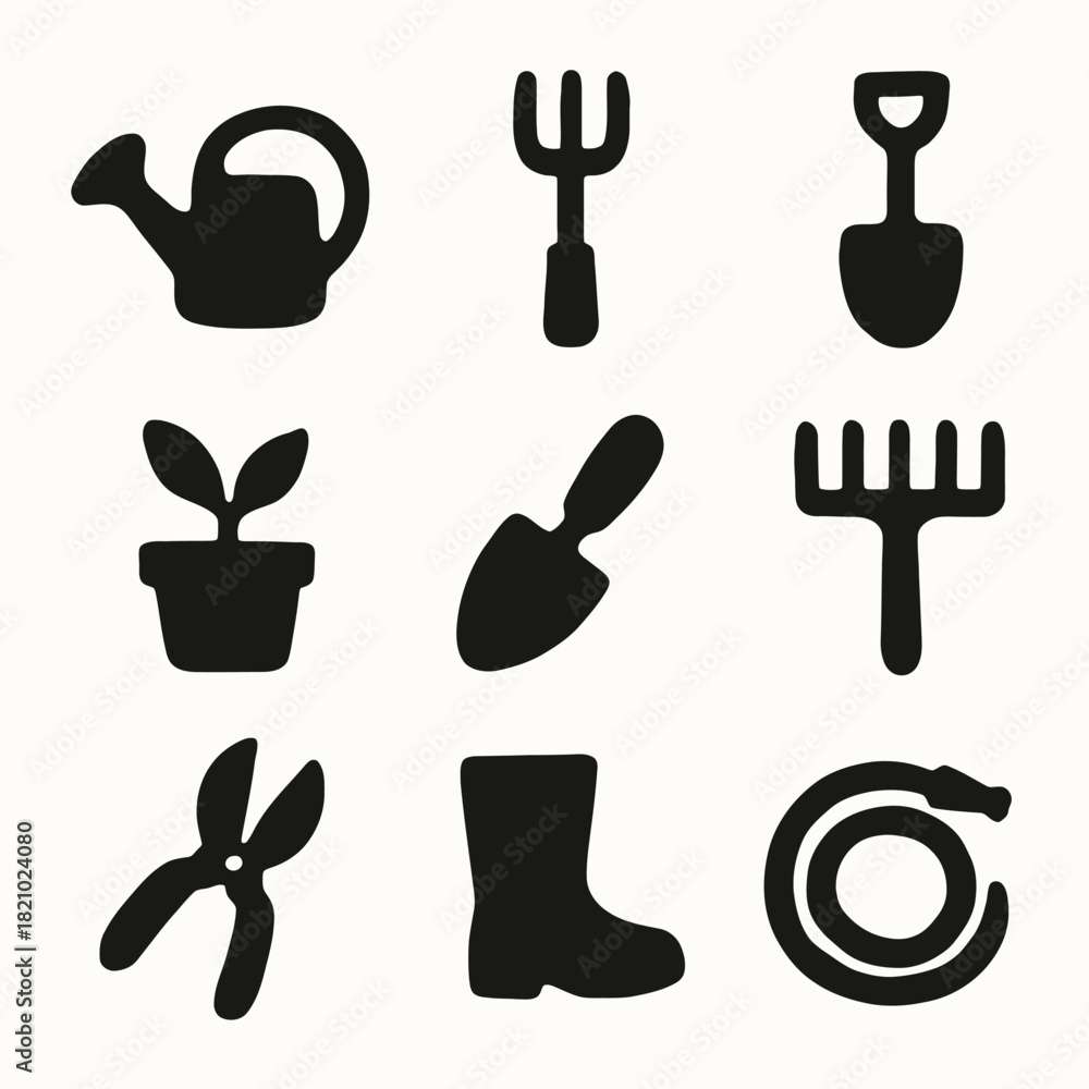 Fototapeta premium Silhouette icons of essential gardening tools and plants
