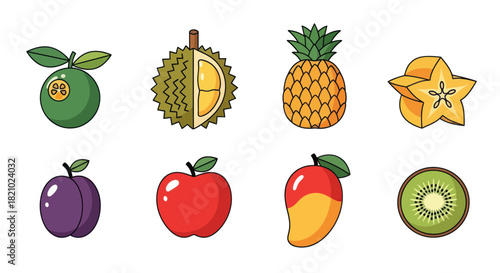 Cartoon fruits collection with diverse tropical and common produce isolated