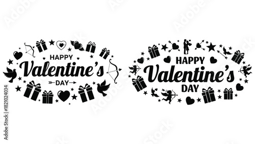 Happy valentine's day oval design with hearts gifts stars and silhouettes