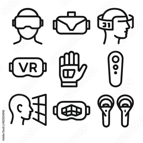 Virtual reality icon set with vr equipment and headsets