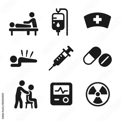 Healthcare icons: medical procedures and equipment symbols set