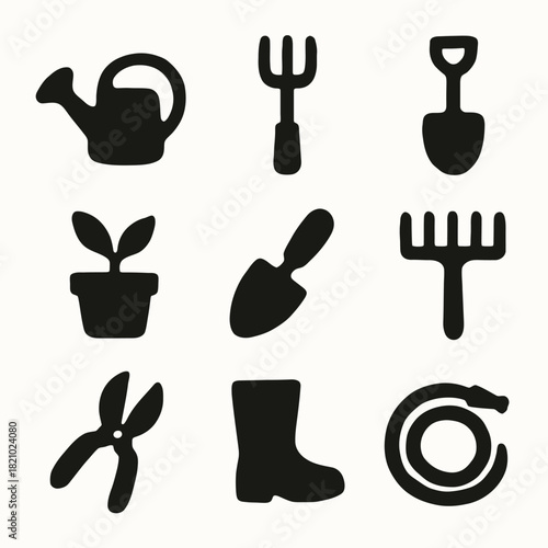 Silhouette icons of essential gardening tools and plants
