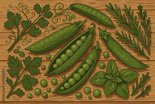 Rustic Kitchen Bounty. Rustic wooden kitchen countertop filled vector illustration with fresh green peas and herbs, earthy and
