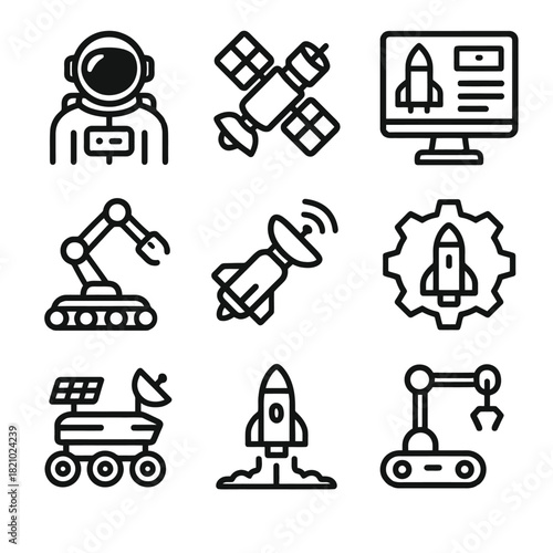 Space exploration icons: astronaut, satellite, rocket launch, rover, robotics