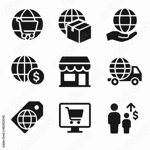 E-commerce icons set: shopping cart, global shipping, online store, price tag, financial growth
