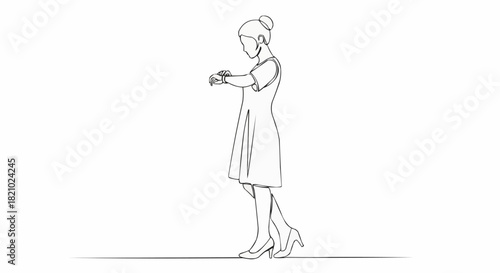 Elegant Woman in a Dress Standing and Looking at Her Wristwatch.