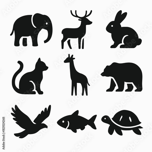 Silhouette icons of various animals including elephant, deer, rabbit, cat, giraffe, bear, bird, fish, and turtle