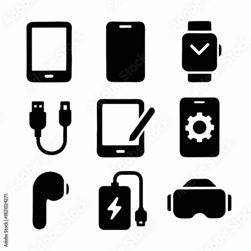 Collection of tech device icons including smartphone, tablet, and smartwatch