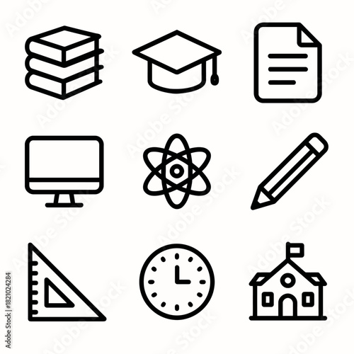 Educational icons set: books, graduation cap, documents, and more