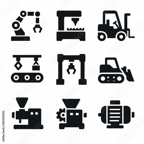 Industrial icons: robotic arms, forklift, conveyor belt, excavator, manufacturing machinery