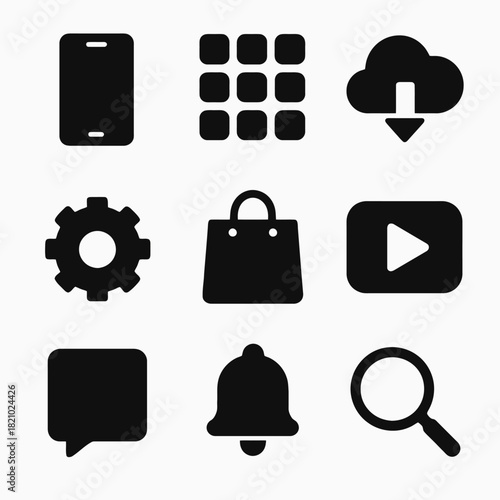 Set of nine black mobile icons: phone, cloud, shopping, video, gear, search, notification