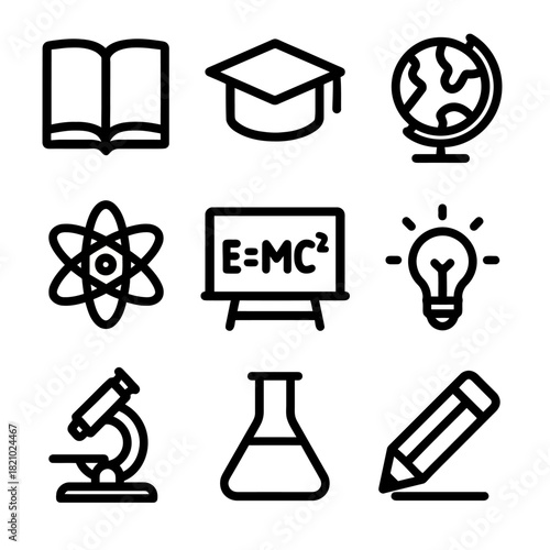 Education icons set: book, graduation cap, globe, atom, blackboard, lightbulb, microscope, flask, pencil