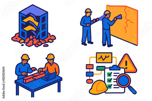 Engineering Disaster Analysis. Isometric vector illustration set Engineering disaster analysis: structural collapse, forensic