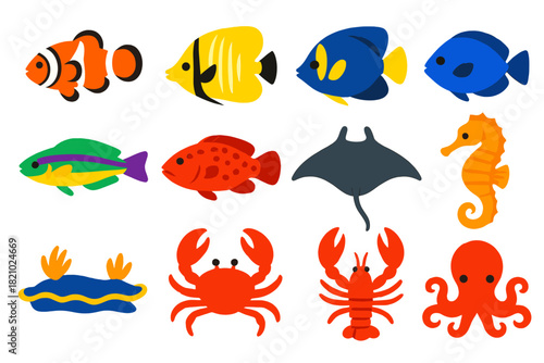 Vibrant Reef Icons. Flat vector icons of Reef Biodiversity: clownfish, butterflyfish, angelfish, damselfish, wrasse, grouper,