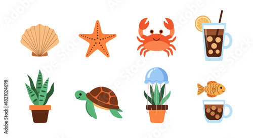 Cartoon sea life and drinks shell starfish crab turtle jellyfish