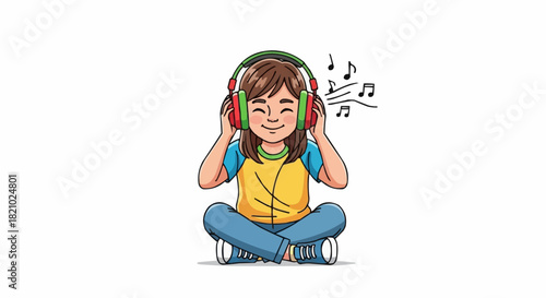 Smiling young girl sitting cross legged listening to music on headphones.