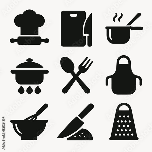 Collection of black kitchen utensil icons: chef hat, cutting board, pot, knife, whisk, grater