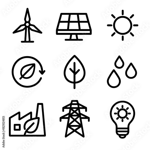 Sustainable energy and environment icons: wind, solar, leaf, water, industry, power, light
