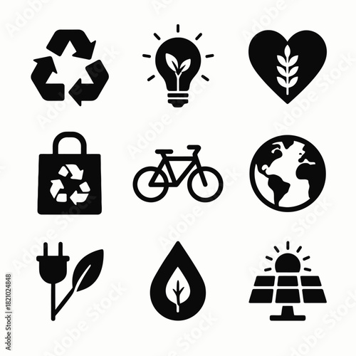Eco-friendly symbols: recycling, solar energy, bicycle, and sustainability icons