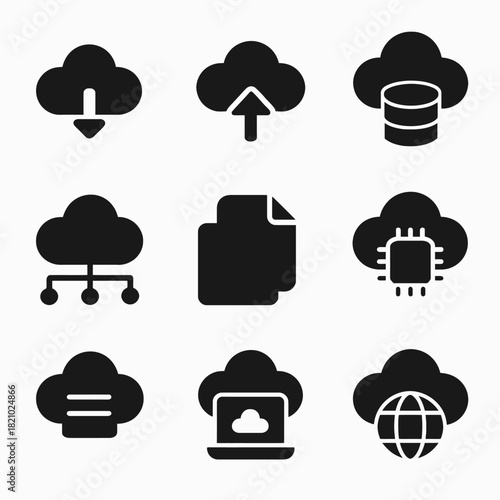Cloud computing icons set: storage, network, upload, download, technology