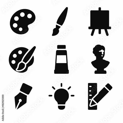Artistic icons: palette, brush, easel, paint tube, sculpture bust, fountain pen, lightbulb, ruler