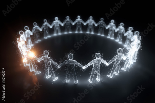 Stylized figures made of light form a circle while holding hands in a digital display