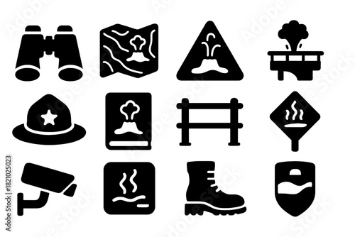 Geyser Exploration Icons. Solid style icons of Geyser Exploration: binoculars, geothermal map, warning sign, viewing platform,