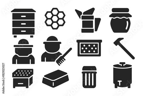 Beekeeping Essentials Icons. Solid style icons of Beekeeping essentials: beehive, honeycomb, smoker, nectar jar, beekeeper suit,