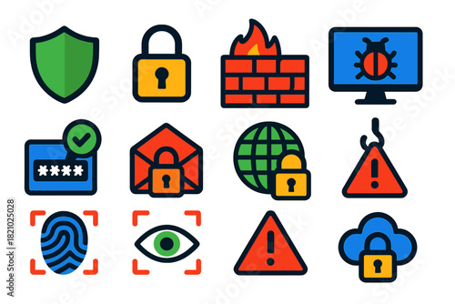 Cybersecurity Icons Set. Flat vector icons of cybersecurity: shield, padlock, firewall, antivirus software, two-factor